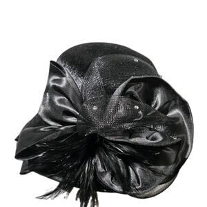 August Collection Black Cloche Hat – Elegant, Satin ,Mesh and Feather Detail